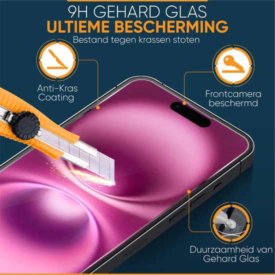 Protection d'écran pour iPhone 16 Plus - Avec outil d'alignement - Verre trempé - Protection d'écran en Tempered Glass - 3 pièces