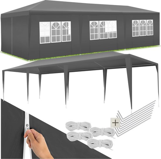 tectake® Paviljoen Miramas - Partytent 9x3 m - Grijs - 8 verwijderbare Zijpanelen - UV en Waterbestendige Tuinpaviljoen - Inclusief Spanlijnen en Haringen - Overkapping