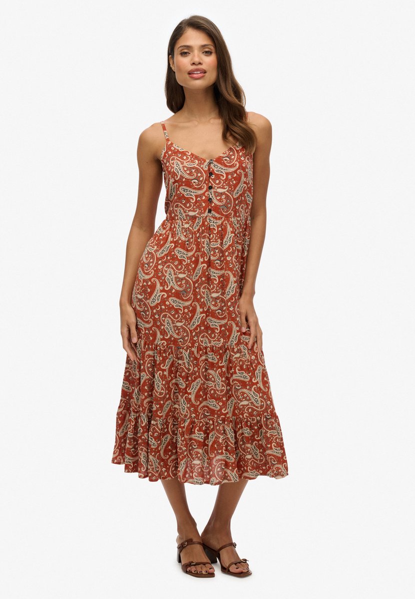 Superdry Gelaagde midi-jurk met halve knoopsluiting Dames Jurken Bruin