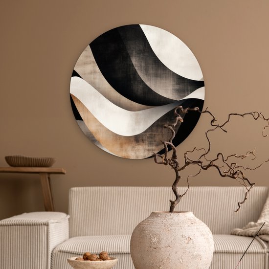 WallCircle® Wandcirkel 60x60 cm - Muurcirkel Abstract - Golven - Zwart - Verweerd - Muurdecoratie woonkamer - Wanddecoratie slaapkamer - Kamer decoratie accessoires - Ronde schilderijen