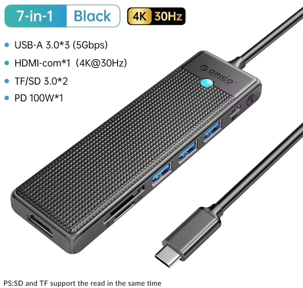 ORICO Type-C Hub – HDMI 4K 60Hz – USB 3.0 – Ethernet – SD/TF – PD Opladen – MacBook Accessoire