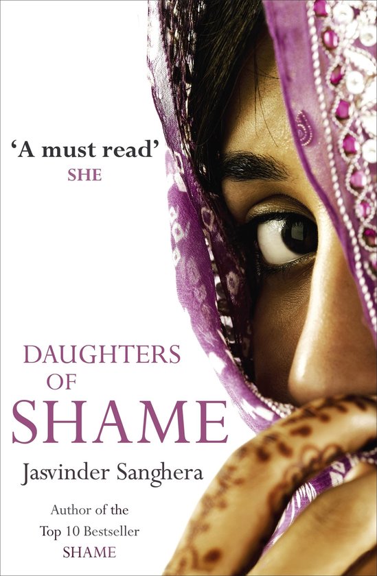Couverture du livre 'Daughters of Shame' montrant une partie du visage d'une femme couverte d'un foulard violet.
