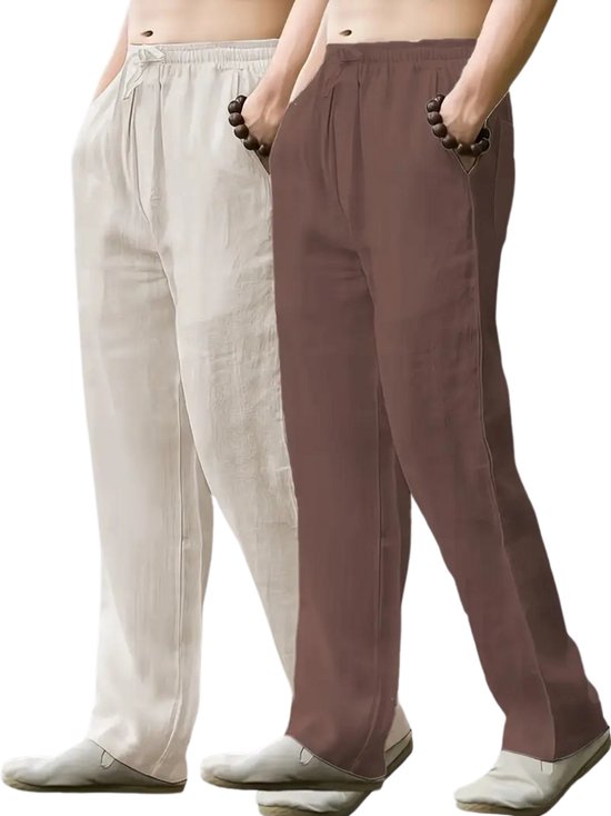 LVCBL Linnen broek heren zomer herfst losse casual linnen broek met zakken elastische tailleband, Kaki, 3XL
