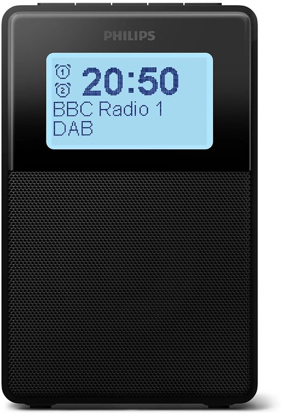 Zwarte Philips klokradio met DAB+, groot LCD-scherm en luidspreker.