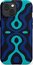 Casetastic hoesje geschikt voor Apple iPhone 15 - MagSafe - Dubbellaagse bescherming - Blauwe Golf Lijnen - Fashion Case - Donkerblauw Wit