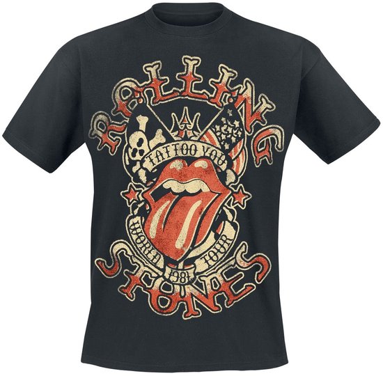 Zwart T-shirt met rode en beige "Tattoo You World Tour 1981" opdruk.