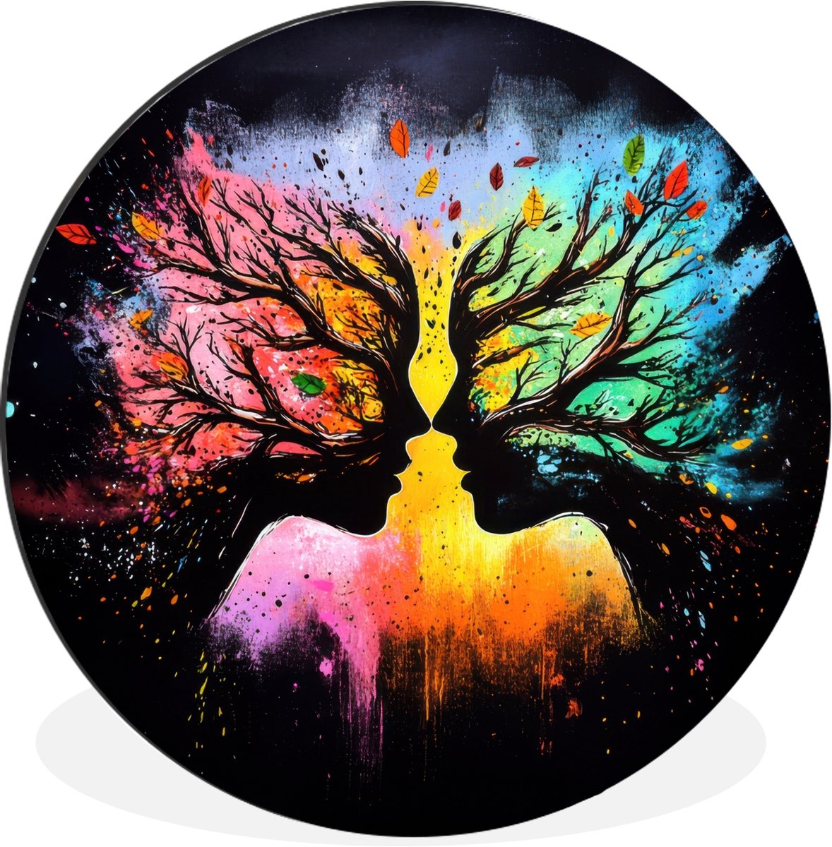 WallCircle Wandcirkel - Muurcirkel - Gezichten - Silhouetten - Kleurrijk - Takken - Aluminium - Dibond - 120x120 cm - Binnen en Buiten Gezichten - Silhouetten - Takken