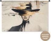 Wandkleed 150x100 cm - Wanddoek Vrouw - Hoed - Verf - Wandtapijt - Wandkleden