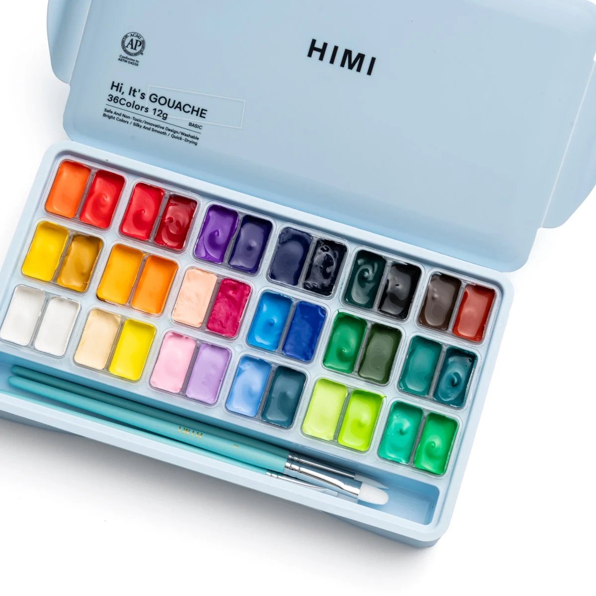 HIMI - Gouache - Twin split cups - set van 36 kleuren - 12g - 3 penselen - Ice Blue — afbeelding 3