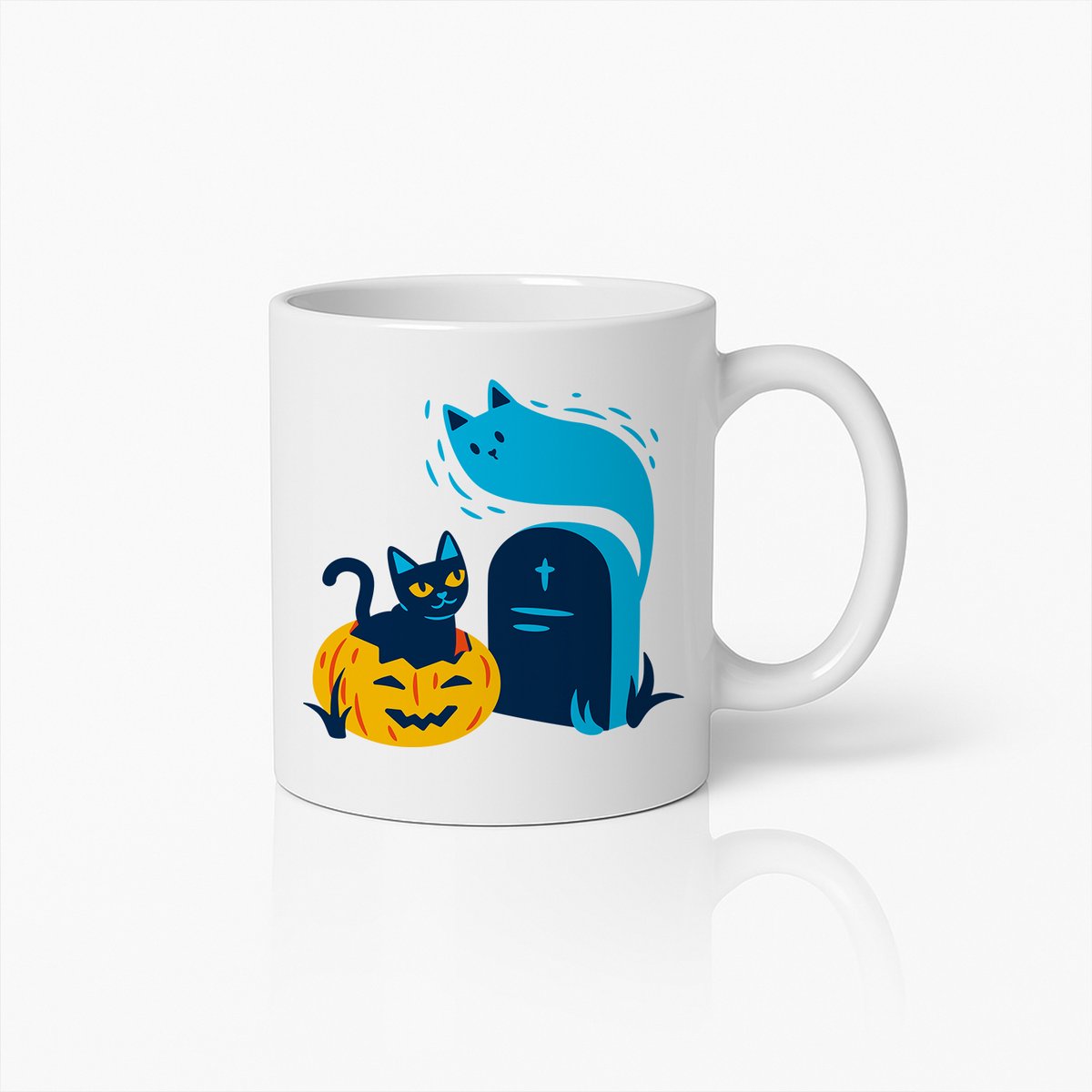 Spookachtige Halloween Kat en Geest Mok – Leuke Pompoen en Begraafplaats Koffiebeker
