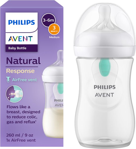 Biberon Philips Avent Natural Response avec valve Airfree- 1 biberon - 260 ml - 1 mois et plus - Tétine Speed 3 - SCY673/01 - Biberons