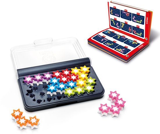IQ Stars spel met gekleurde sterren in een doosje en een boekje met opdrachten. Losse sterren liggen naast het spel.