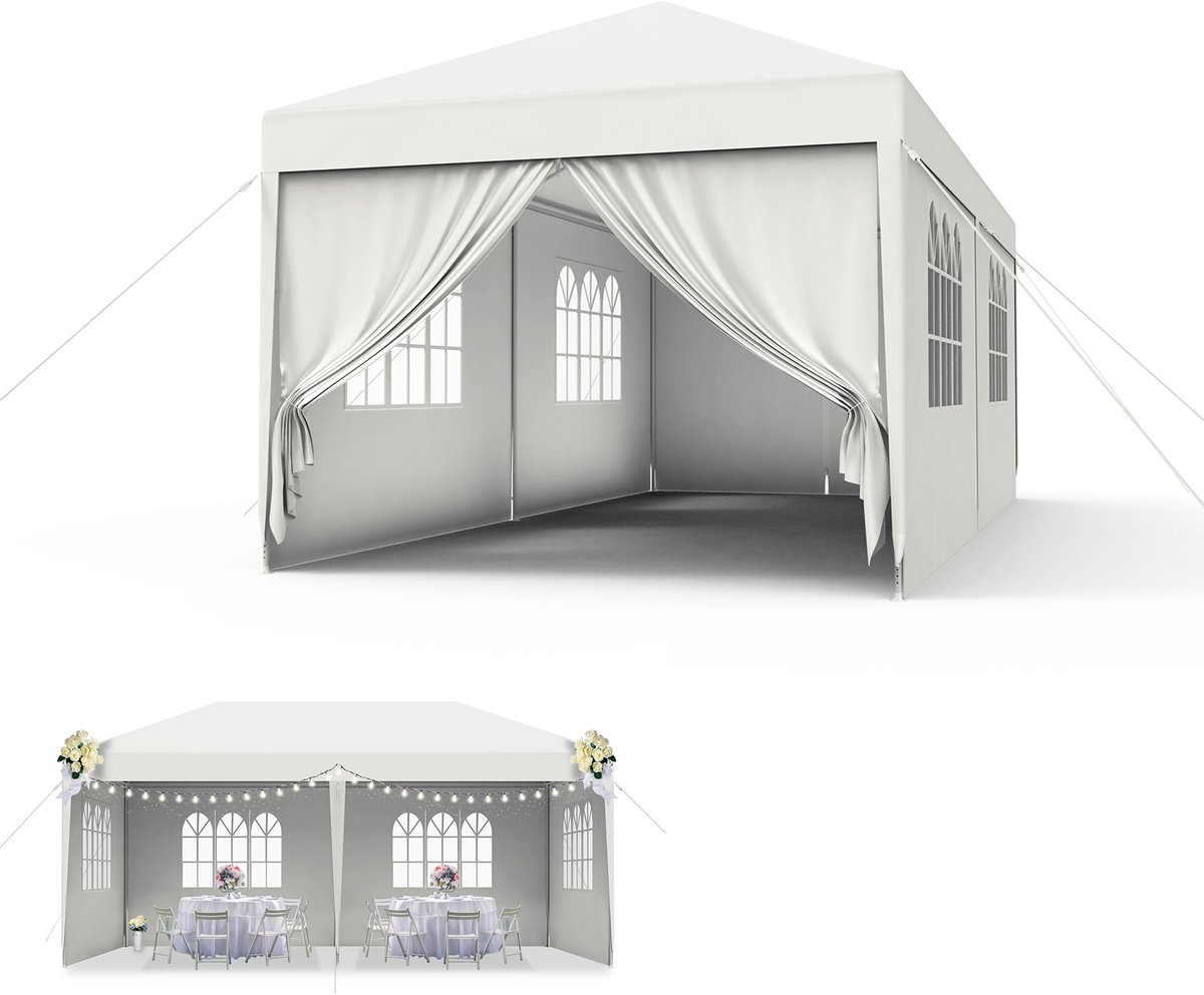 Paviljoen, 3 x 6 m, partytent, stabiel, waterdicht, winterbestendig, uv-bescherming, tuinpaviljoen, feesttent, biertent, campingtent met zijdelen en ramen, voor tuin en camping, wit