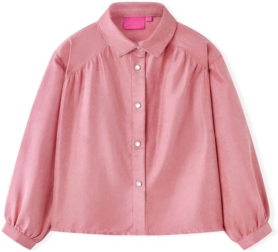 Voorzijde van een oudroze blouse met kraag, knoopsluiting en lantaarnmouwen.