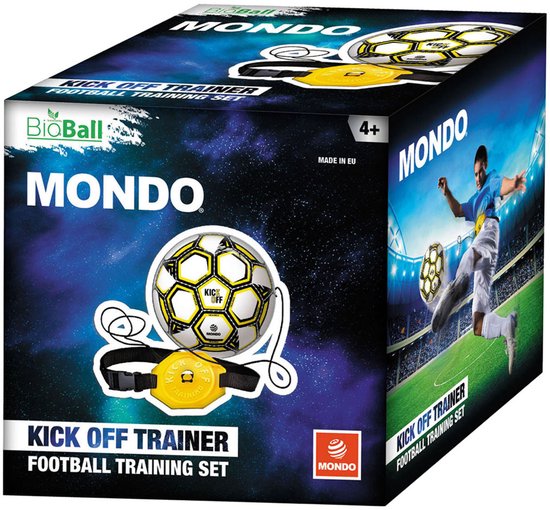 Doos van Mondo 'Kick Off Trainer' voetbaltraining set met afbeeldingen van de bal en een speler.