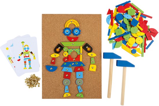 Een hamer spel met een prikbord, spijkers, gekleurde houten vormen en voorbeeldkaarten.