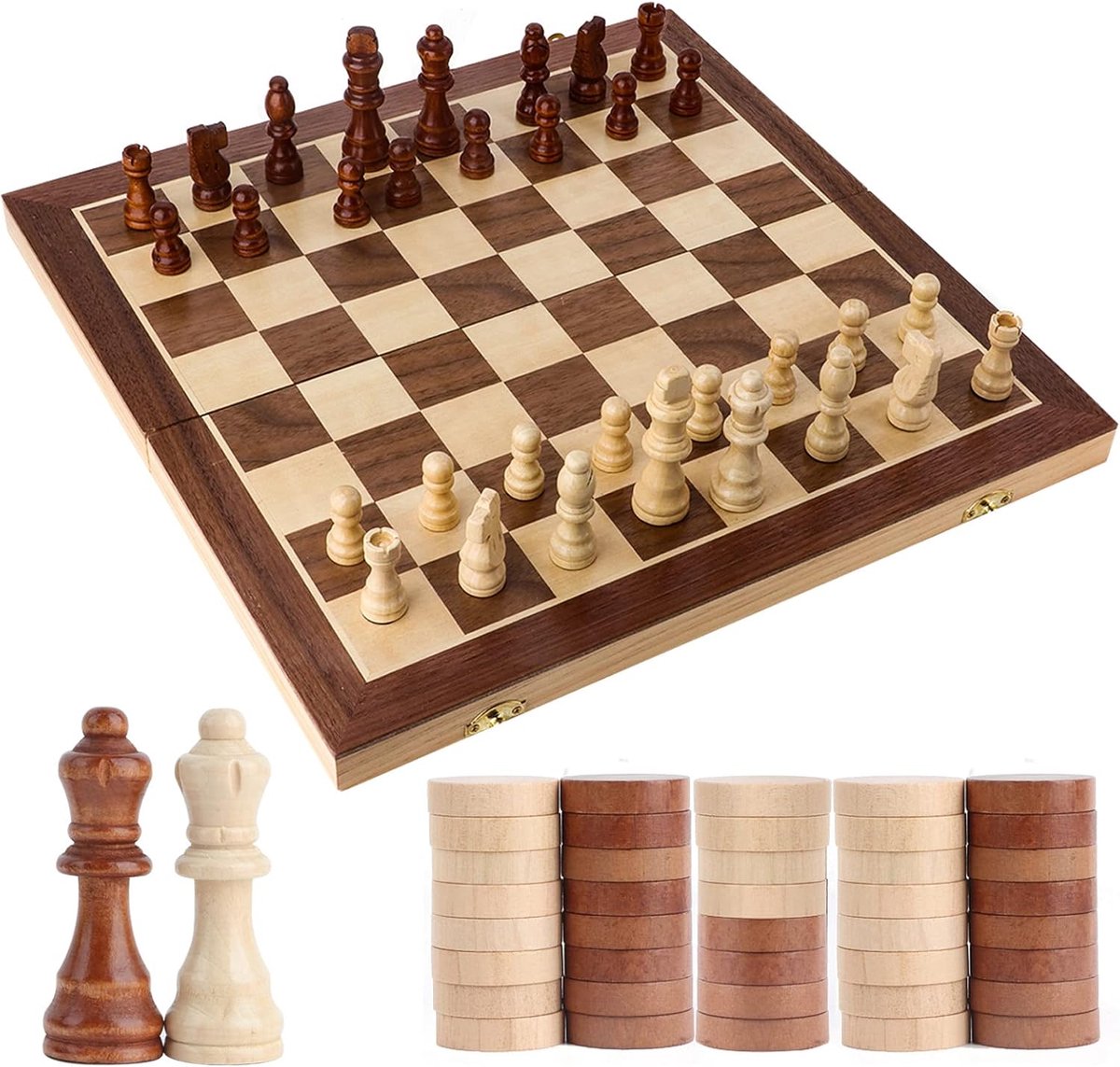 Houten Schaak- en Dammenset 2-in-1 Opvouwbaar Reisschaakbord met Magnetische Stukken voor Beginners en Kinderen