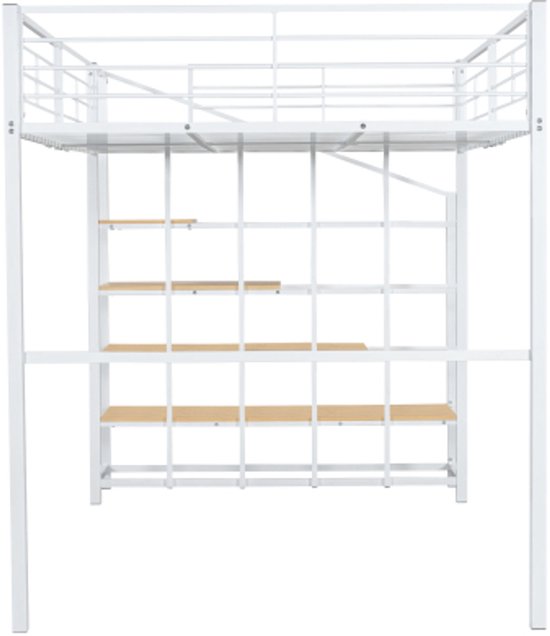 Lit mezzanine enfant 90x200 cm avec escalier, armoire simple, barrière de sécurité, en bois, blanc Lit mezzanine enfant 90x200 cm avec escalier, armoire simple, barrière de sécurité, en bois, blanc