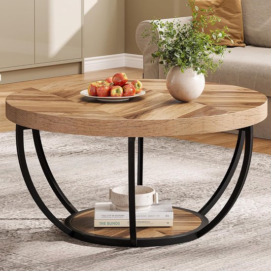 Ronde salontafel met 2 niveaus en opbergplanken - Industrieel modern ...