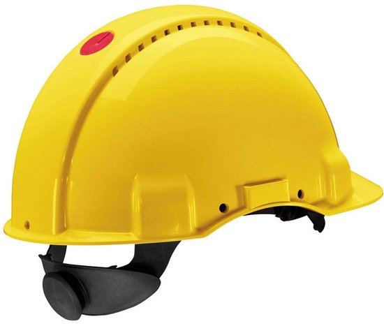 Gele 3M Peltor G3000 veiligheidshelm met verstelbare draaiknop en ventilatieopeningen.