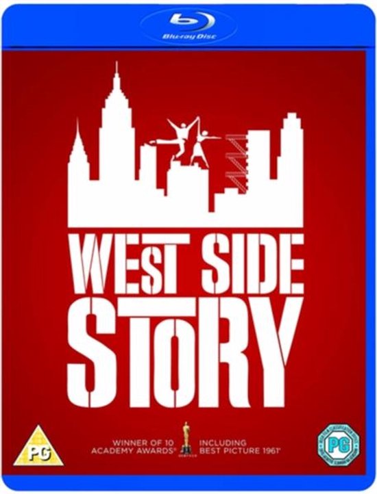 Blu-ray hoes met de titel "West Side Story" in grote witte letters op een rode achtergrond. Witte silhouetten van gebouwen en dansende figuren.