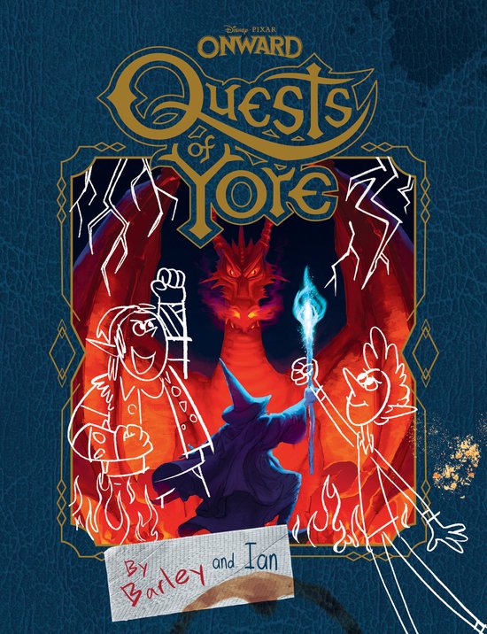 Boekomslag 'Onward Quests of Yore'. Een draak met rode vleugels boven een tovenaar met blauwe staf en twee elfjes. Tekst 'By Barley and Ian'.
