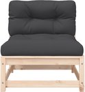Zitelement met rugleuning, donkergrijs kussen, op een houten frame.
