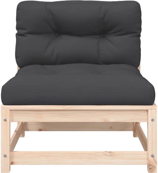 Zitelement met rugleuning, donkergrijs kussen, op een houten frame.