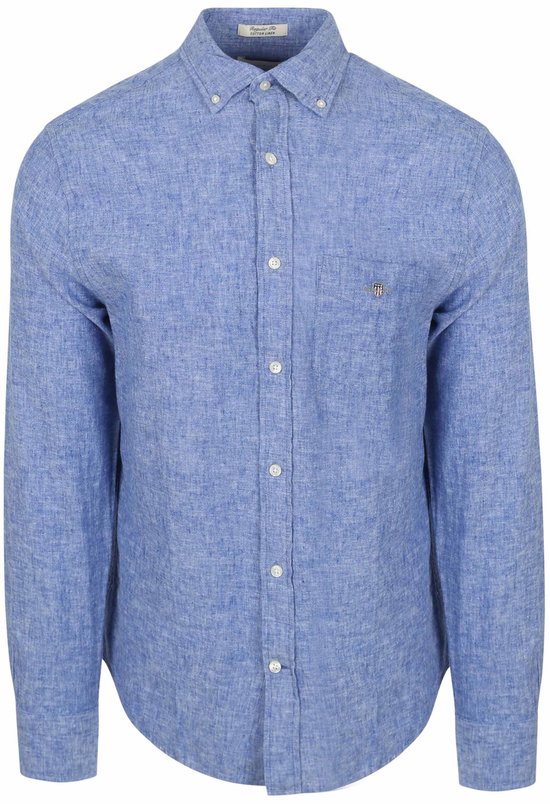 Blauw linnen overhemd met lange mouwen, kraag en borstzak met Gant-logo.