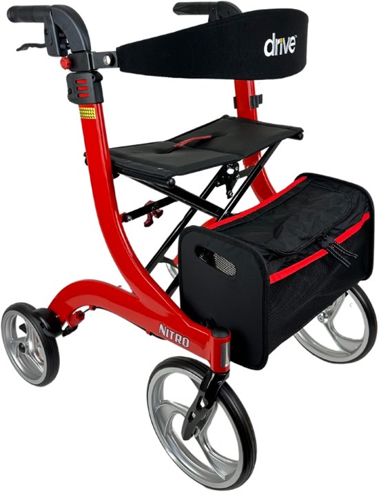 Rode "Nitro" rollator met een zwart zitje, rugleuning met "drive" logo en een zwarte tas met rode accenten.