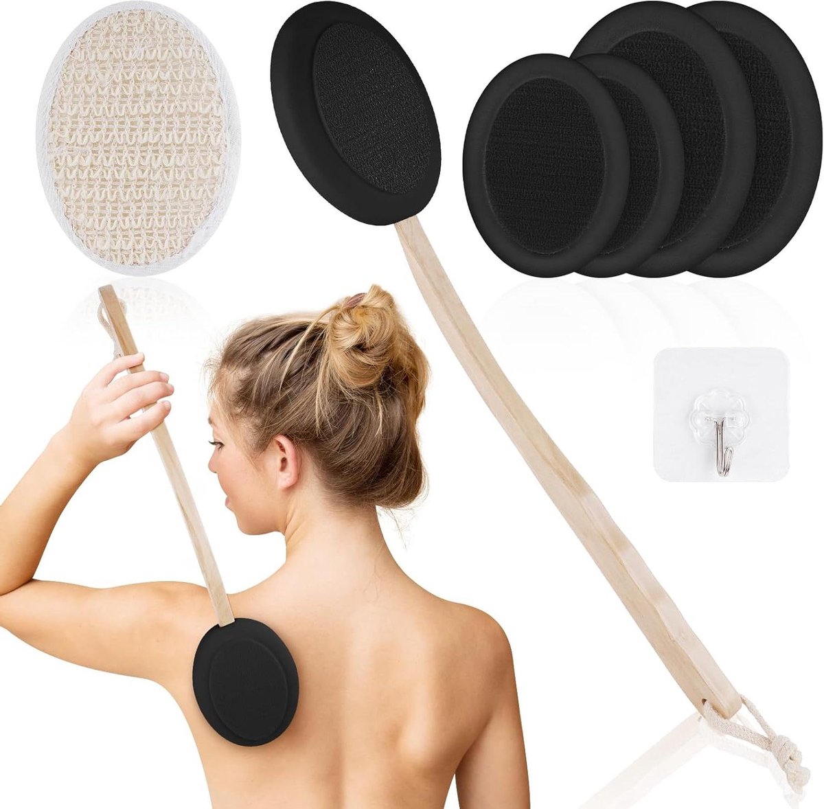 Incrèmehulp voor rug 7-delige set met 4 verwisselbare pads en lange handgreep - zwart