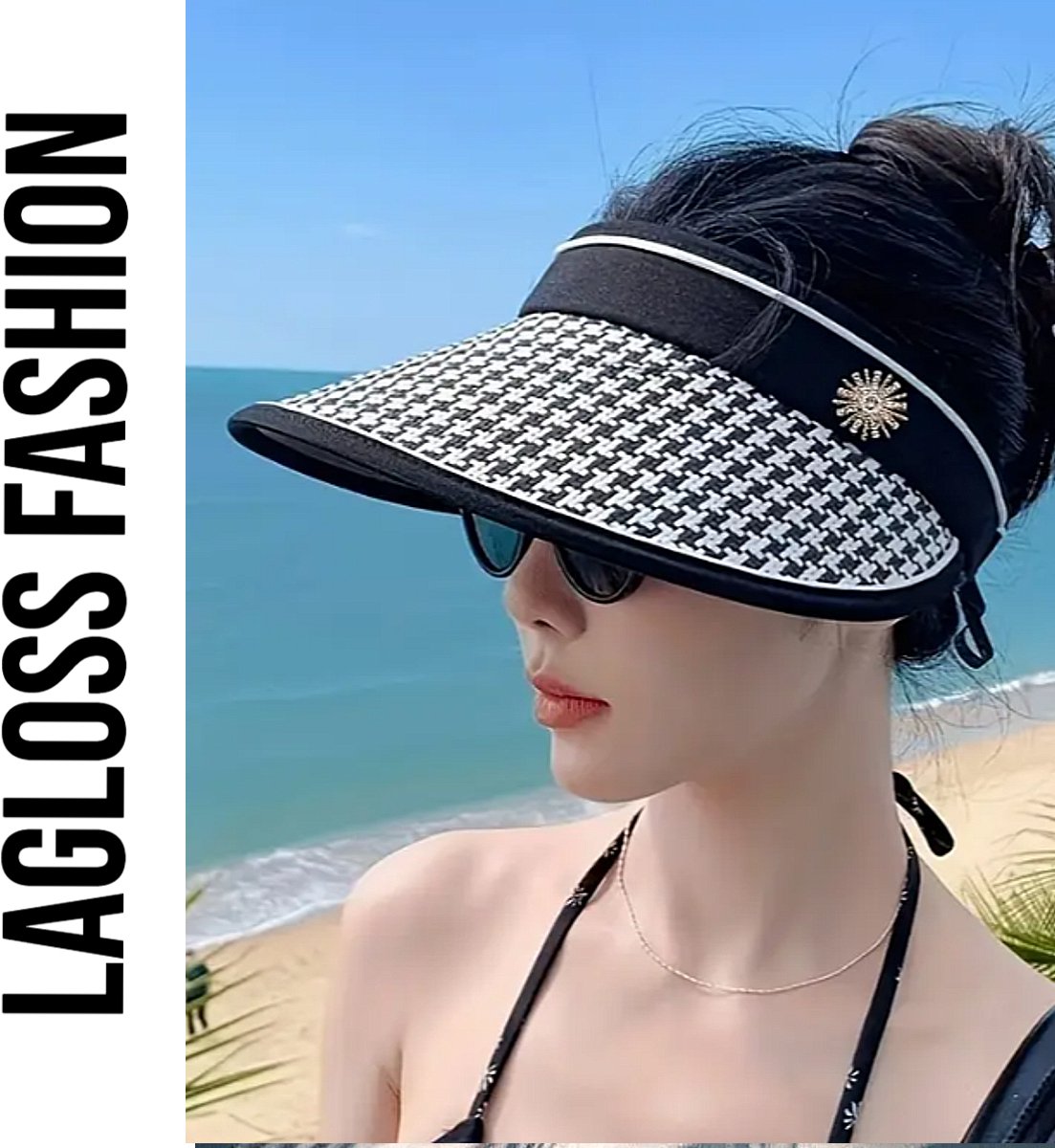 LaGloss® Luxe Zonneklep Hoed Zwart Wit – Verstelbare Opvouwbare Dameshoed met UV-Bescherming – One Size
