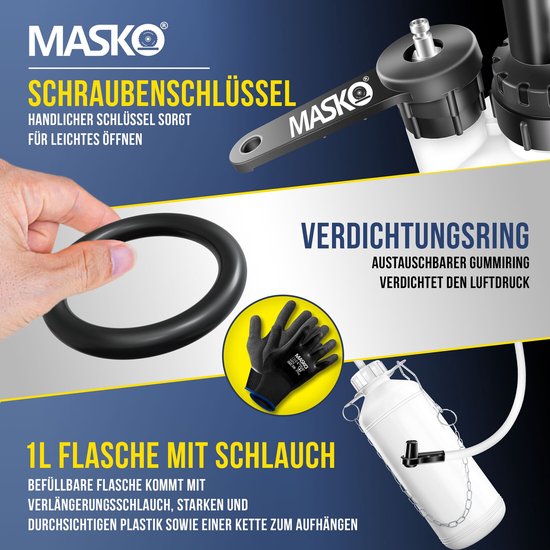 MASKO schroefsleutel, verwisselbare afdichtring, 1L vulbare fles met slang en ketting.