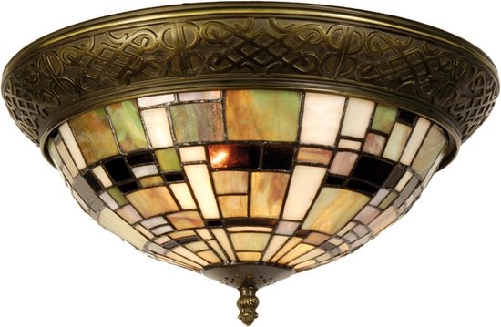 LumiLamp Lampe de plafond Tiffany Ø 38x19 cm Vert Marron Plastique Verre Triangle Plafonnier