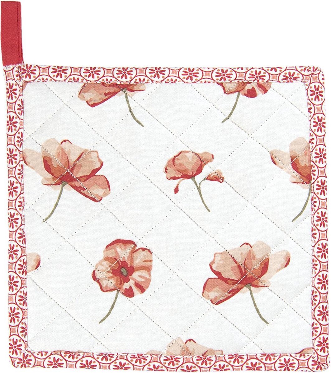 Clayre & Eef Pannenlap 20x20 cm Wit Rood Katoen Vierkant Klaproos Afgiet Pannenlap