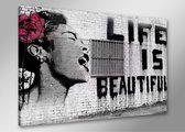 Schilderij - Banksy Life, Zwart-Wit/Roze, 80X60cm, 1luik