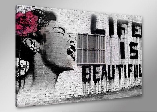 Banksy Life is Beautiful - Canvas Schilderij 80 x 60 cm