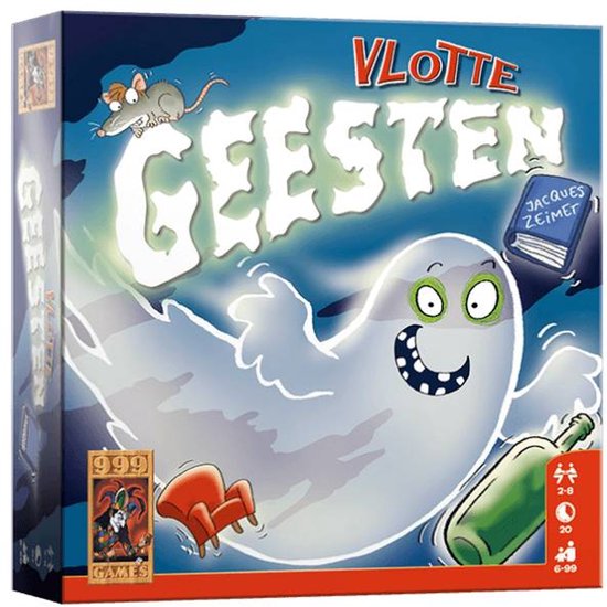 Doos van het spel Vlotte Geesten met een lachende geest, een muis op een boek, een rode stoel en een groene fles.