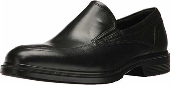Zwarte ECCO leren mocassin met een schuin gestikte neus en lage hak. Elegante, slip-on stijl.