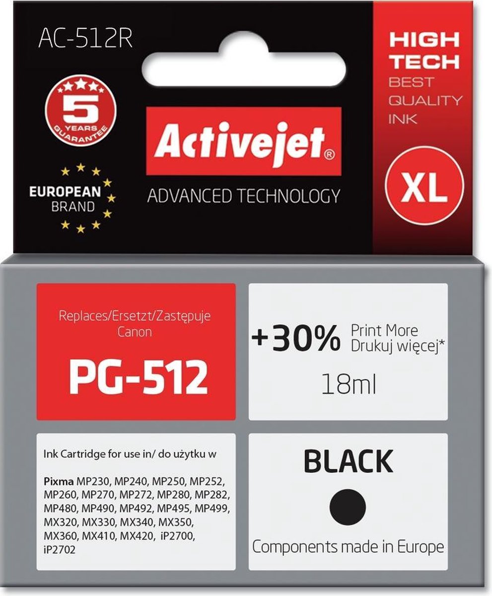 ActiveJet AC-512R inkt voor Canon-printer; Canon PG-512 vervanging; Premie; 18 ml; zwart.