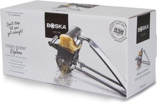 Verpakking van een Boska "Rotary Grater Explore" kaasrasp molen.