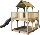 AXI Atka Speeltoestel in Bruin/Groen - Speeltoren met Verdieping, Zandbak en Grijze Glijbaan - FSC hout - Speelhuisje op palen met veranda voor kinderen - Speeltoestel voor de tuin / buiten