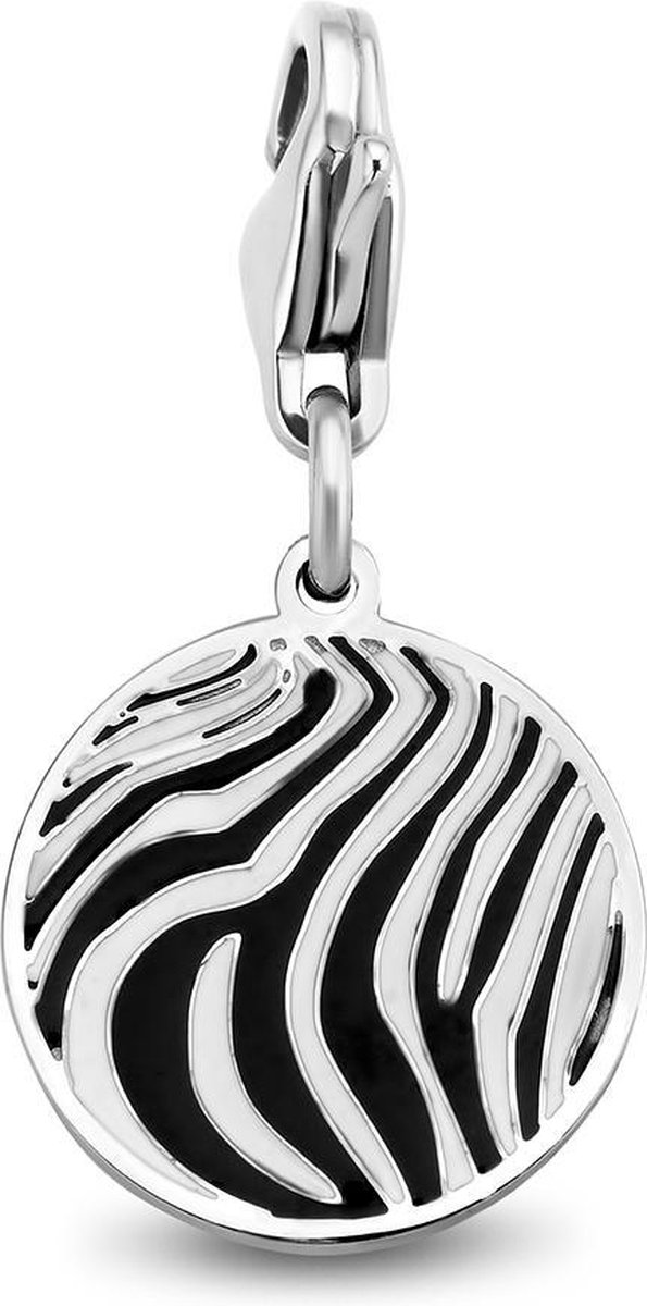 CO88 Collection Charms 8CH 00013 Stalen hanger - 15 mm - Bedel - Rond met zebramotief - Emaille - Zwart en wit - Zilverkleurig