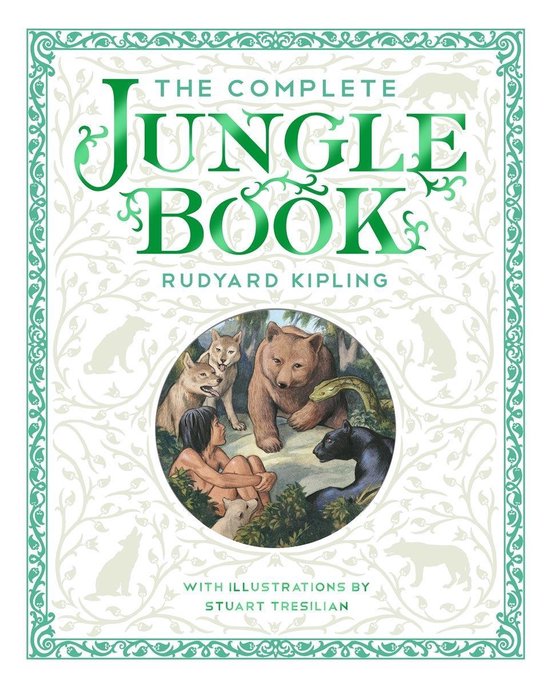 Boekomslag 'The Complete Jungle Book' met een groene illustratie van Mowgli en jungledieren in een versierde lijst.