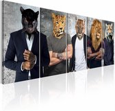 Schilderij - Andere Gezichten , mannen met dierenmasker , 5 luik