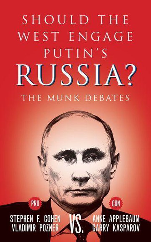 Boekcover met de vraag 'Should the West Engage Putin's Russia?'. De Munk Debates. Een portret van Vladimir Poetin staat centraal.