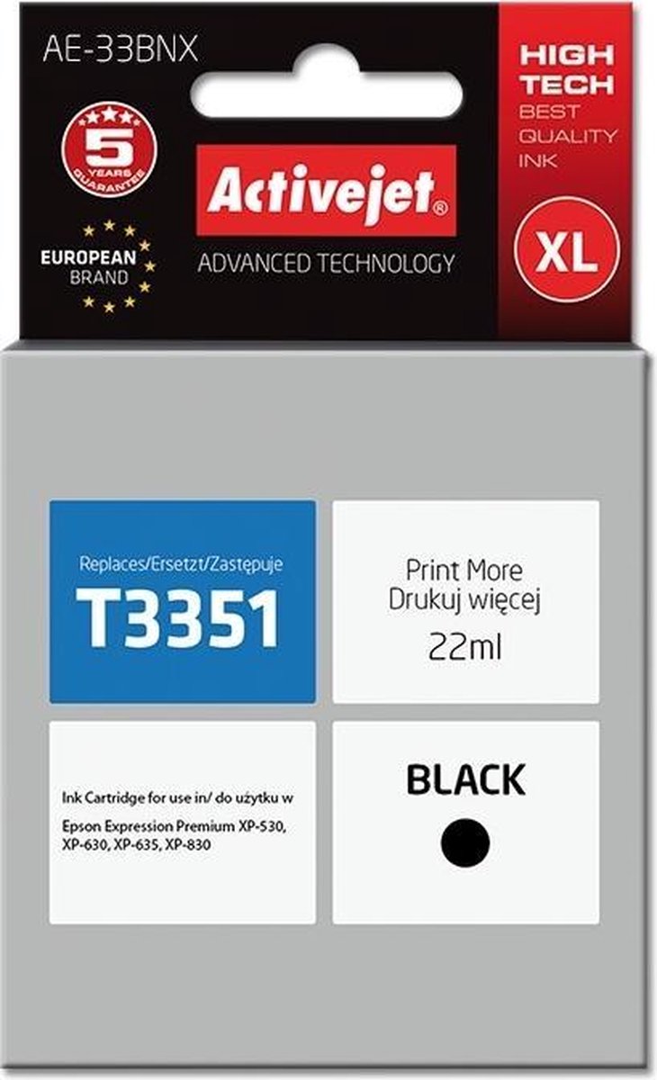 ActiveJet AE-33BNX-inkt voor Epson-printer, Epson 33XL T3351 Vervanging; Opperste; 22 ml; zwart.