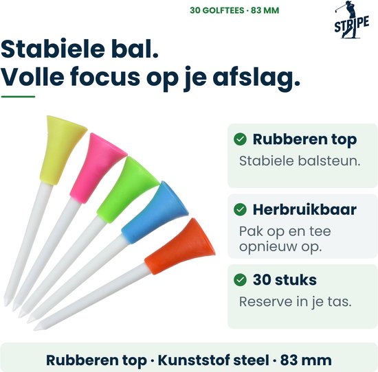 Golf Tees Kunststof 83mm - 30 Stuks Plastic Golf Tees Multicolor - Duurzame Rubber Top - Golf Accessoires - Herbruikbare Tee - Stripe bij GolfGigant van Merkloos — afbeelding 4
