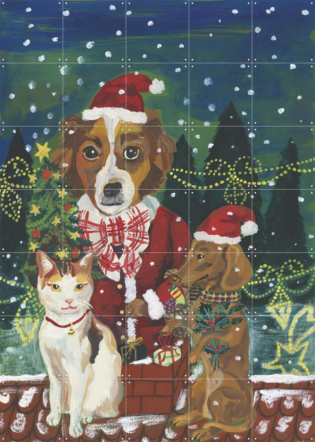 IXXI Noel Sur Le Toit, Nathalie Lété - 100 x 140 cm - Grote wanddecoratie en posters - Illustraties, Woonkamer, Kerst, Dieren Groen / Rood