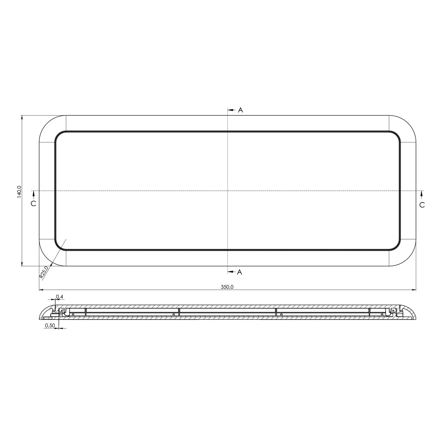 Pegasus Depot LED Plafonnière Rechthoekig 350 x 140 mm 12V 24V, Wit en Blauw Nachtlicht, IP66 IK10, Grijs